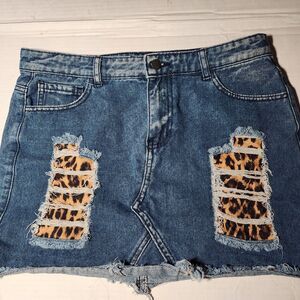 Crazy Train Meow Wow Denim Mini Skirt Distressed Leopard Patches Size MED